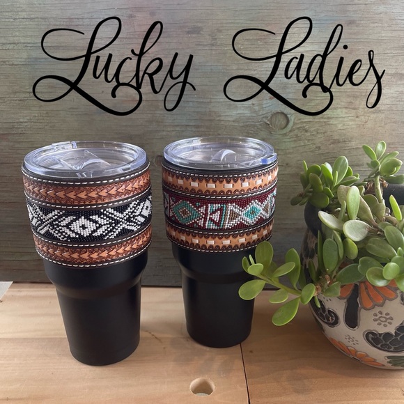 30oz Insulated Western Stamped Tooled Hide & Leather Sleeve Tumblers Handmade - Picture 4 of 4